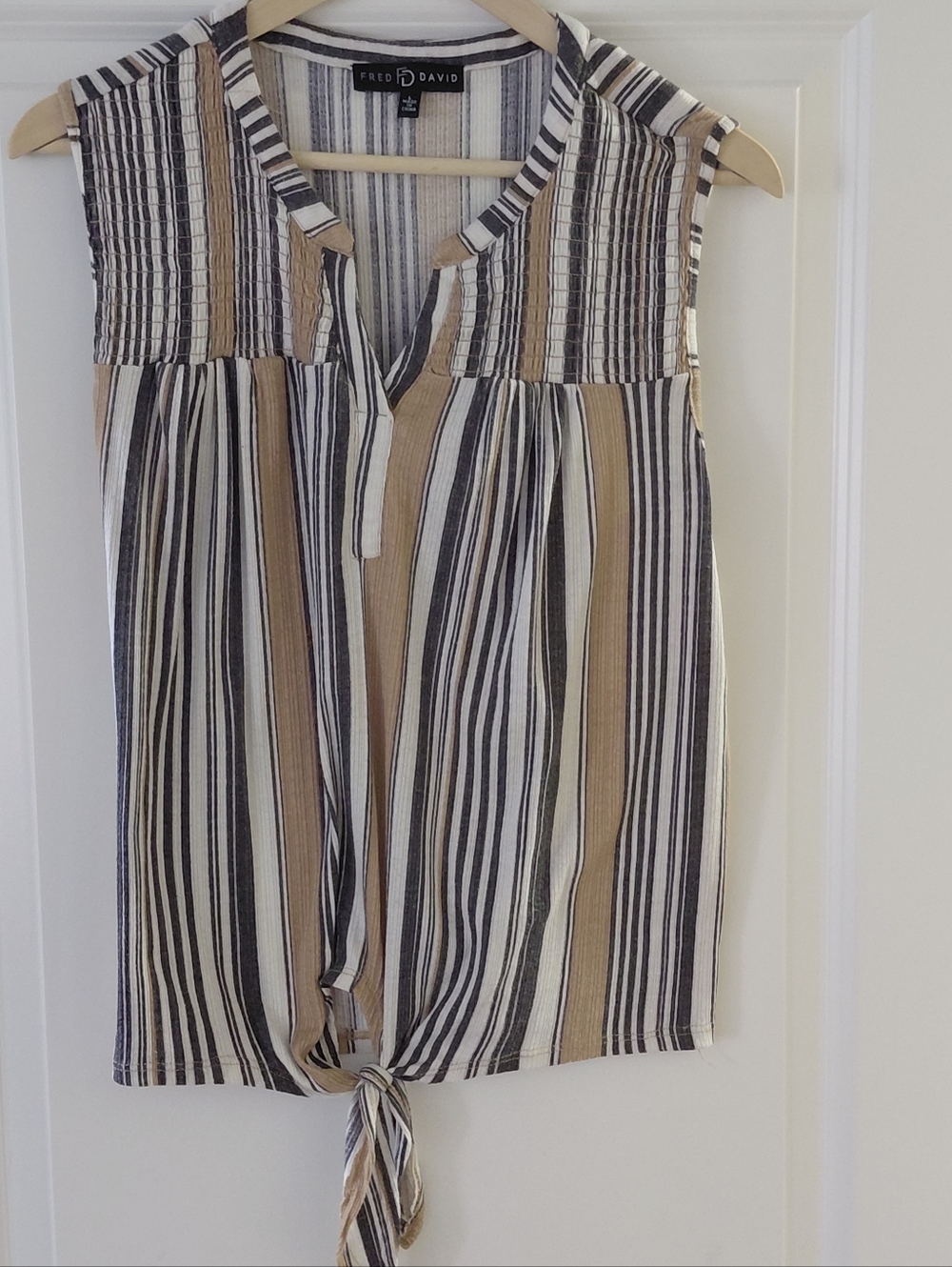 Fred David Striped Sleeveless Tie-Front Camisole in White, Black, Tan